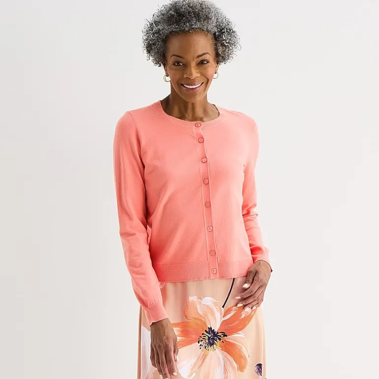 Liz Claiborne Womens Crew Neck Long Sleeve Button Cardigan