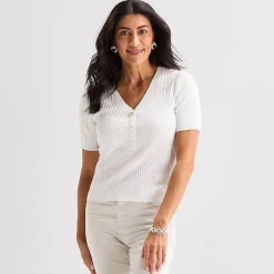 Liz Claiborne Womens Henley Neck Short Sleeve Pullover Sweater