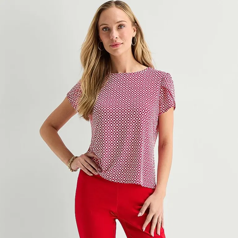 Liz Claiborne Womens Jewel Neck Short Sleeve Blouse