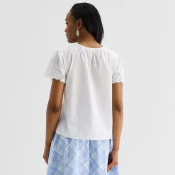 Liz Claiborne Womens Keyhole Neck Short Sleeve Embroidered Blouse