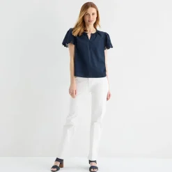 Liz Claiborne Womens Keyhole Neck Short Sleeve Embroidered Blouse