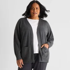Liz Claiborne Womens Long Sleeve Open Front Plus Cardigan