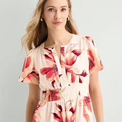 Liz Claiborne Womens Midi Split Crew Neck Short Sleeve Floral Peasant Dress