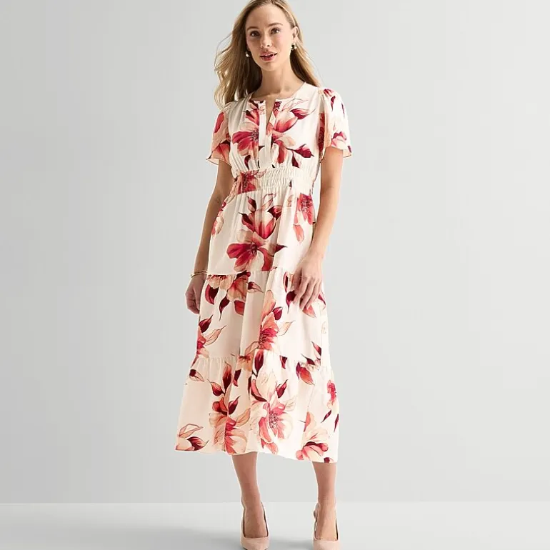 Liz Claiborne Womens Midi Split Crew Neck Short Sleeve Floral Peasant Dress