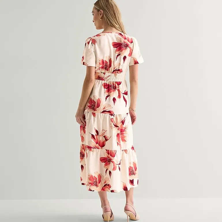 Liz Claiborne Womens Midi Split Crew Neck Short Sleeve Floral Peasant Dress