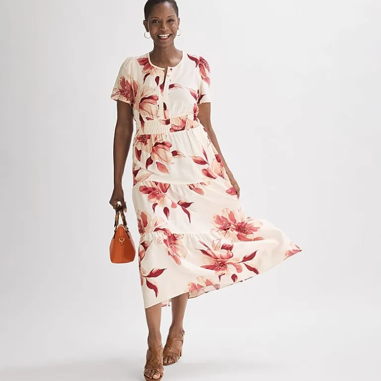 Liz Claiborne Womens Midi Split Crew Neck Short Sleeve Floral Peasant Dress