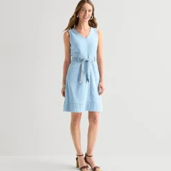 Liz Claiborne Womens Midi V Neck Sleeveless Belted Shift Dress