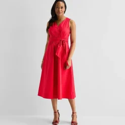 Liz Claiborne Womens Midi V Neck Sleeveless A-Line Dress