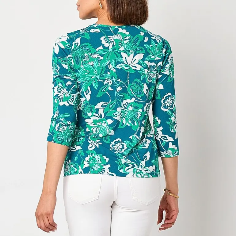 Liz Claiborne Womens Petite Keyhole Neck 3/4 Sleeve Blouse