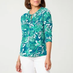 Liz Claiborne Womens Petite Keyhole Neck 3/4 Sleeve Blouse