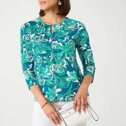 Liz Claiborne Womens Petite Keyhole Neck 3/4 Sleeve Blouse