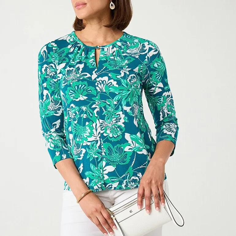 Liz Claiborne Womens Petite Keyhole Neck 3/4 Sleeve Blouse