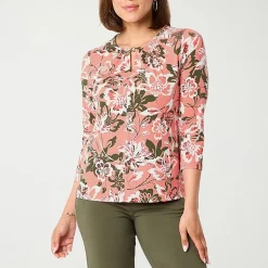 Liz Claiborne Womens Petite Keyhole Neck 3/4 Sleeve Blouse