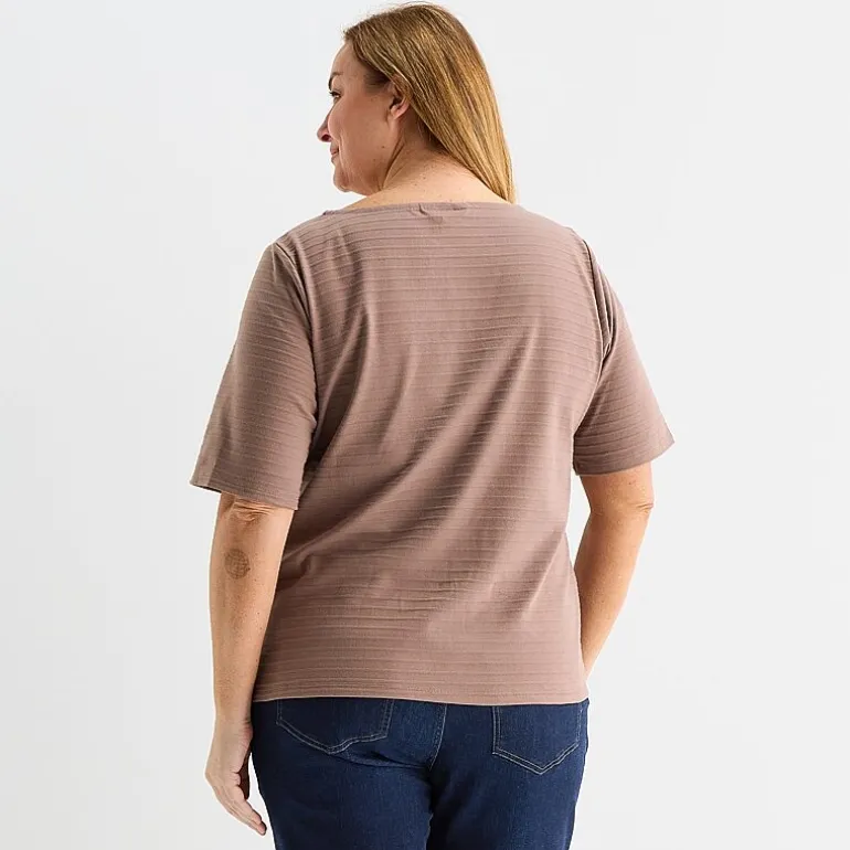 Liz Claiborne Womens Plus Boat Neck Elbow Sleeve Blouse