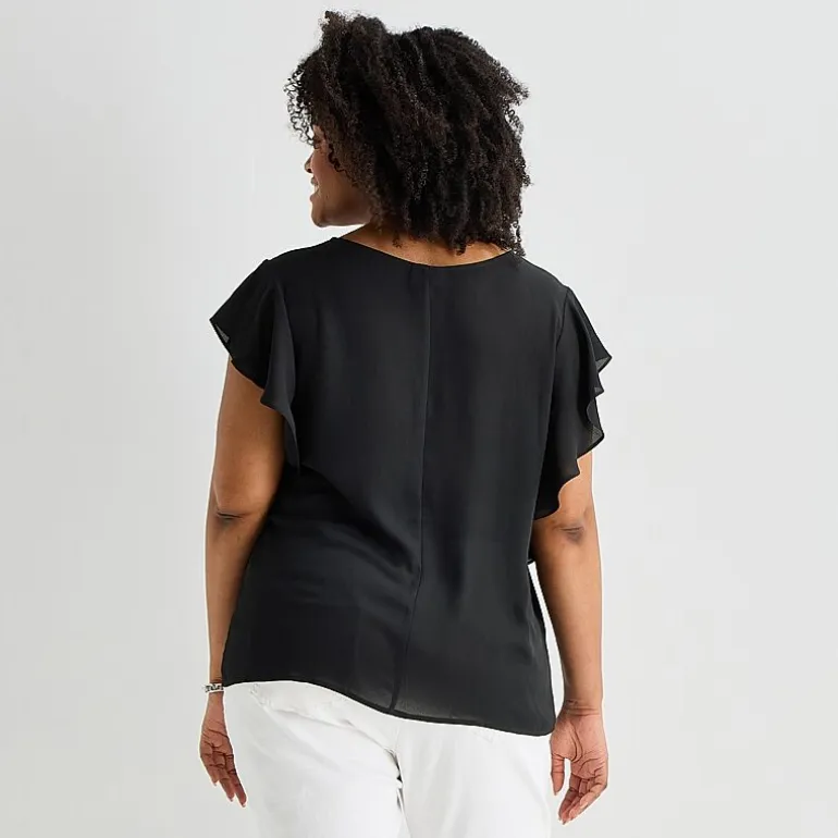 Liz Claiborne Womens Plus Crew Neck Short Sleeve Blouse