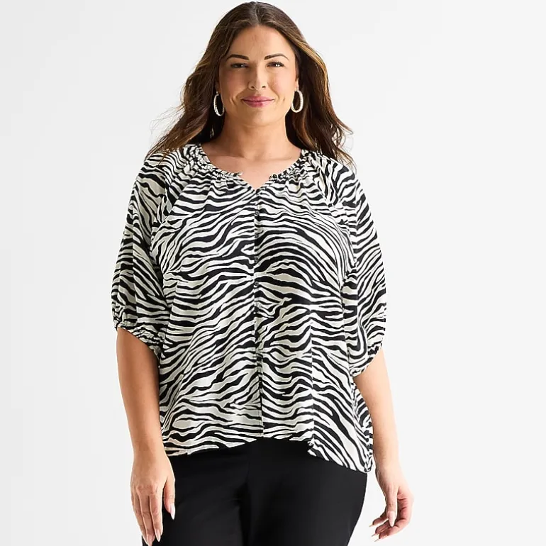 Liz Claiborne Womens Plus Crew Neck Elbow Sleeve Blouse