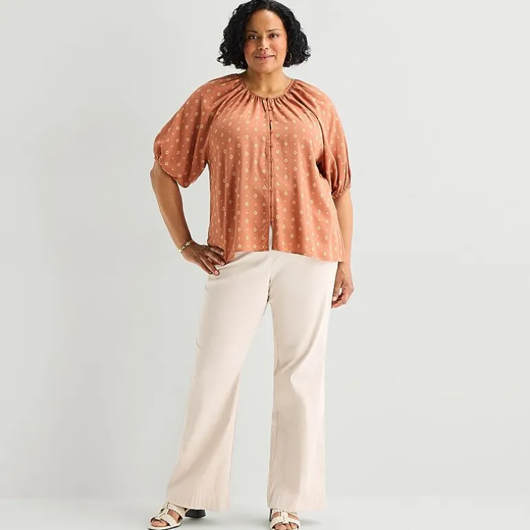 Liz Claiborne Womens Plus Crew Neck Elbow Sleeve Blouse