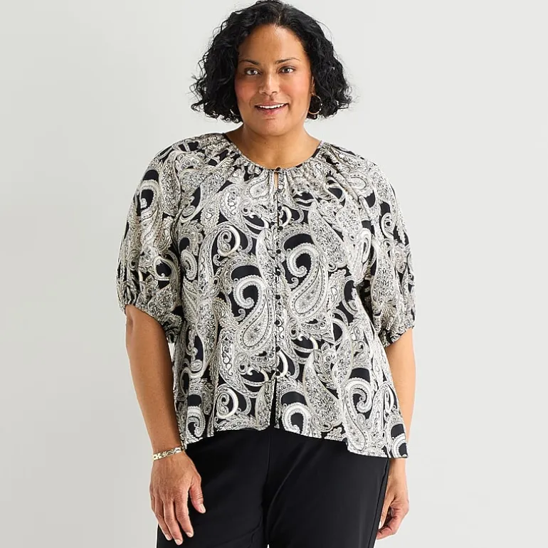 Liz Claiborne Womens Plus Crew Neck Elbow Sleeve Blouse