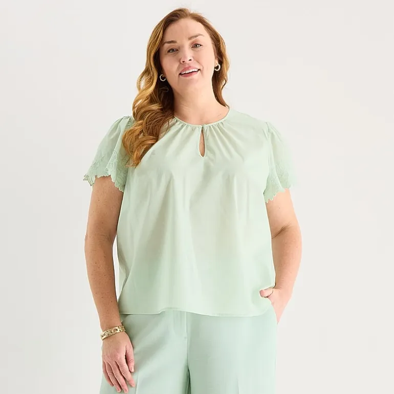 Liz Claiborne Womens Plus Keyhole Neck Short Sleeve Blouse
