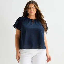 Liz Claiborne Womens Plus Keyhole Neck Short Sleeve Blouse