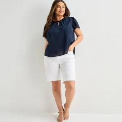 Liz Claiborne Womens Plus Keyhole Neck Short Sleeve Blouse