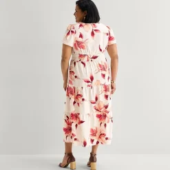 Liz Claiborne Womens Plus Midi Short Sleeve Floral Peasant Dress