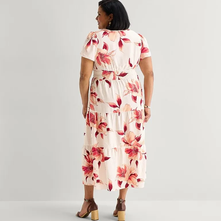 Liz Claiborne Womens Plus Midi Short Sleeve Floral Peasant Dress