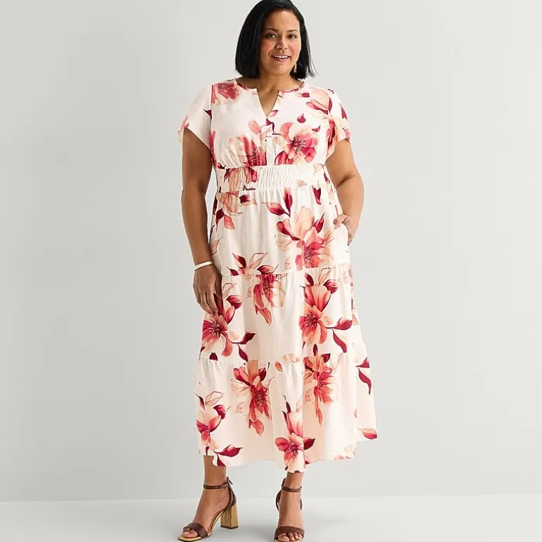 Liz Claiborne Womens Plus Midi Short Sleeve Floral Peasant Dress