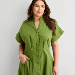 Liz Claiborne Womens Plus Midi V Neck Short Sleeve A-Line Dress