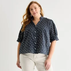 Liz Claiborne Womens Plus Mock Neck Short Sleeve Blouse