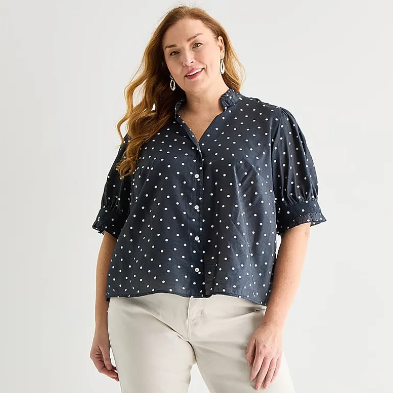 Liz Claiborne Womens Plus Mock Neck Short Sleeve Blouse