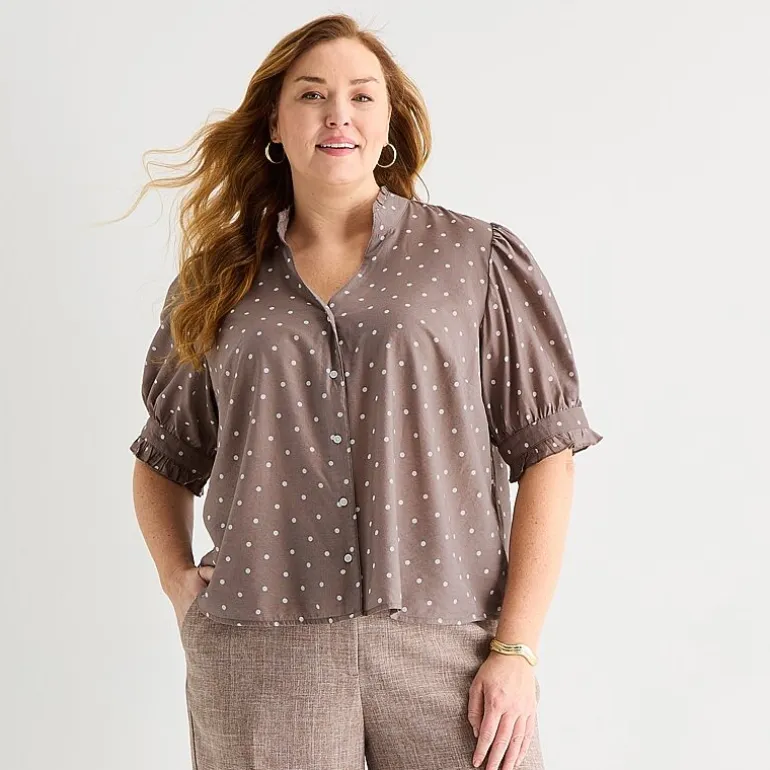 Liz Claiborne Womens Plus Mock Neck Short Sleeve Blouse