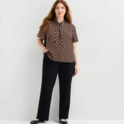 Liz Claiborne Womens Plus Split Tie Neck Short Sleeve Blouse