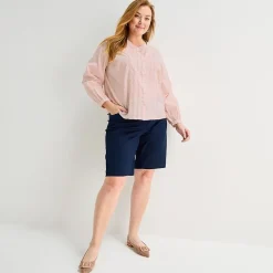 Liz Claiborne Womens Plus U Neck Bishop Long Sleeve Regular Fit Button-Down Shirt