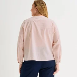 Liz Claiborne Womens Plus U Neck Bishop Long Sleeve Regular Fit Button-Down Shirt