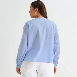 Liz Claiborne Womens Plus U Neck Bishop Long Sleeve Regular Fit Button-Down Shirt
