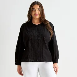 Liz Claiborne Womens Plus U Neck Bishop Long Sleeve Regular Fit Button-Down Shirt