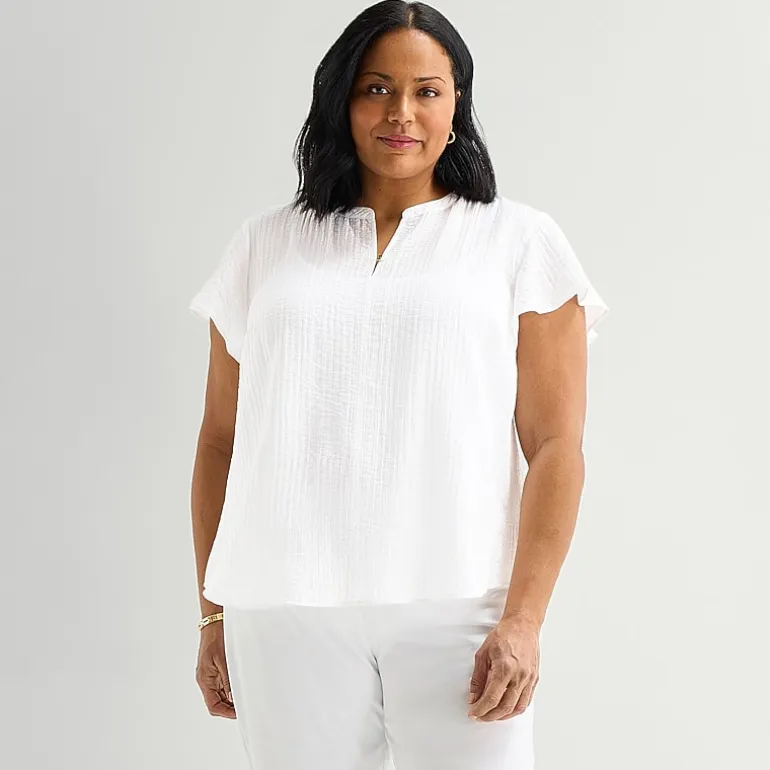 Liz Claiborne Womens Plus V Neck Short Sleeve Blouse