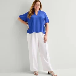 Liz Claiborne Womens Plus V Neck Short Sleeve Satin Blouse