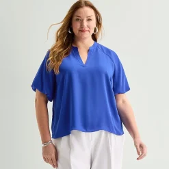 Liz Claiborne Womens Plus V Neck Short Sleeve Satin Blouse