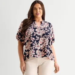 Liz Claiborne Womens Plus V Neck Short Sleeve Satin Blouse