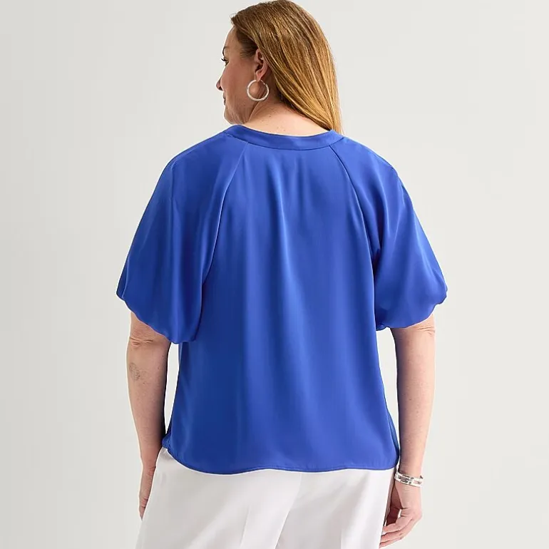 Liz Claiborne Womens Plus V Neck Short Sleeve Satin Blouse