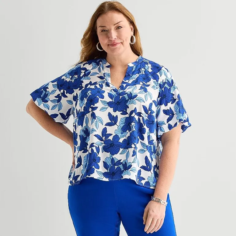 Liz Claiborne Womens Plus V Neck Short Sleeve Satin Blouse
