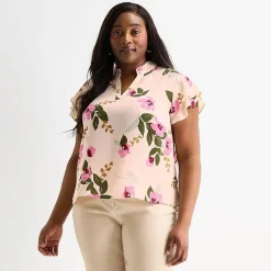 Liz Claiborne Womens Plus V Neck Short Sleeve Blouse
