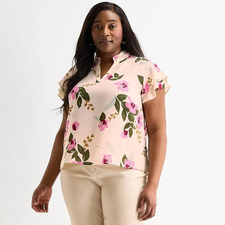 Liz Claiborne Womens Plus V Neck Short Sleeve Blouse