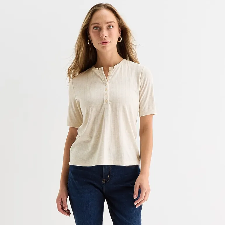 Liz Claiborne Womens Short Sleeve Regular Fit Henley Shirt