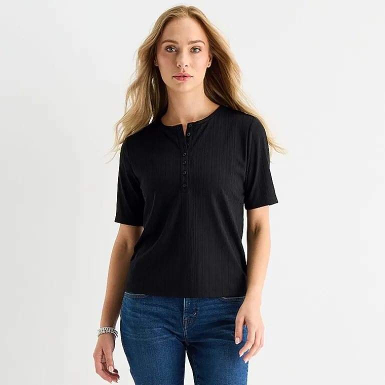 Liz Claiborne Womens Short Sleeve Regular Fit Henley Shirt