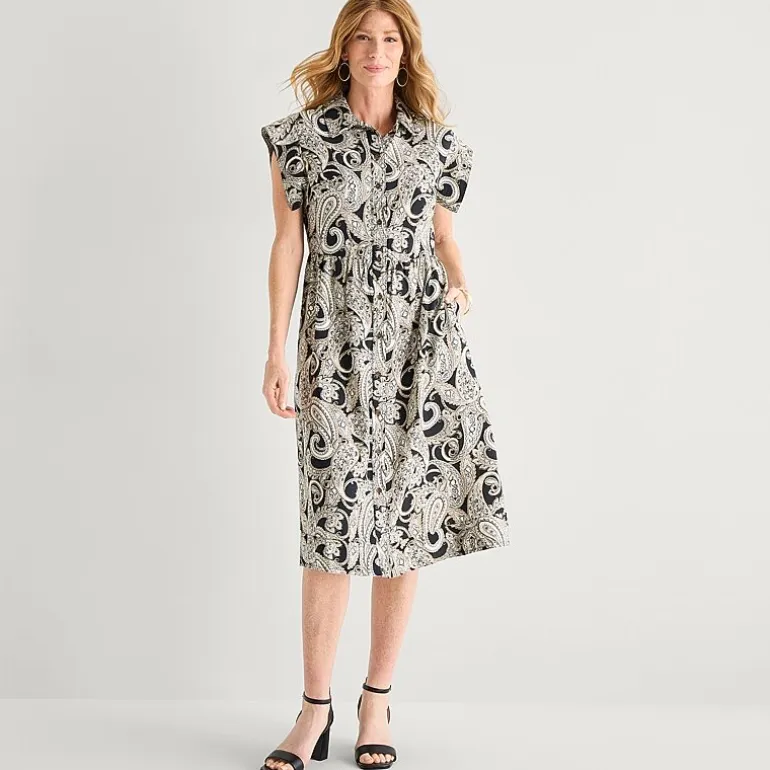 Liz Claiborne Womens Short Sleeve Midi Paisley Shirt Dress