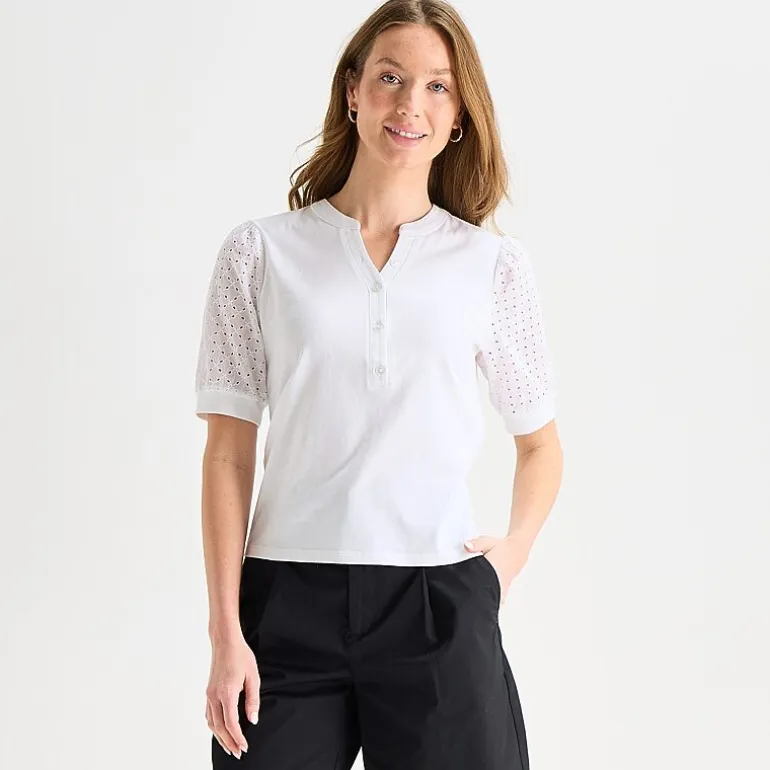 Liz Claiborne Womens Split Crew Neck Elbow Sleeve Blouse