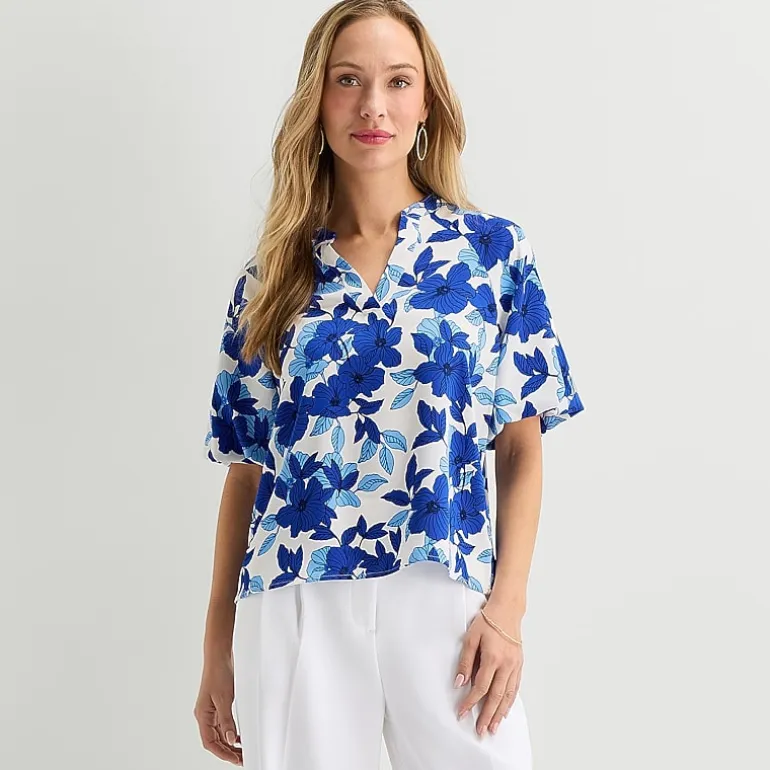 Liz Claiborne Womens Split Crew Neck Short Sleeve Satin Blouse